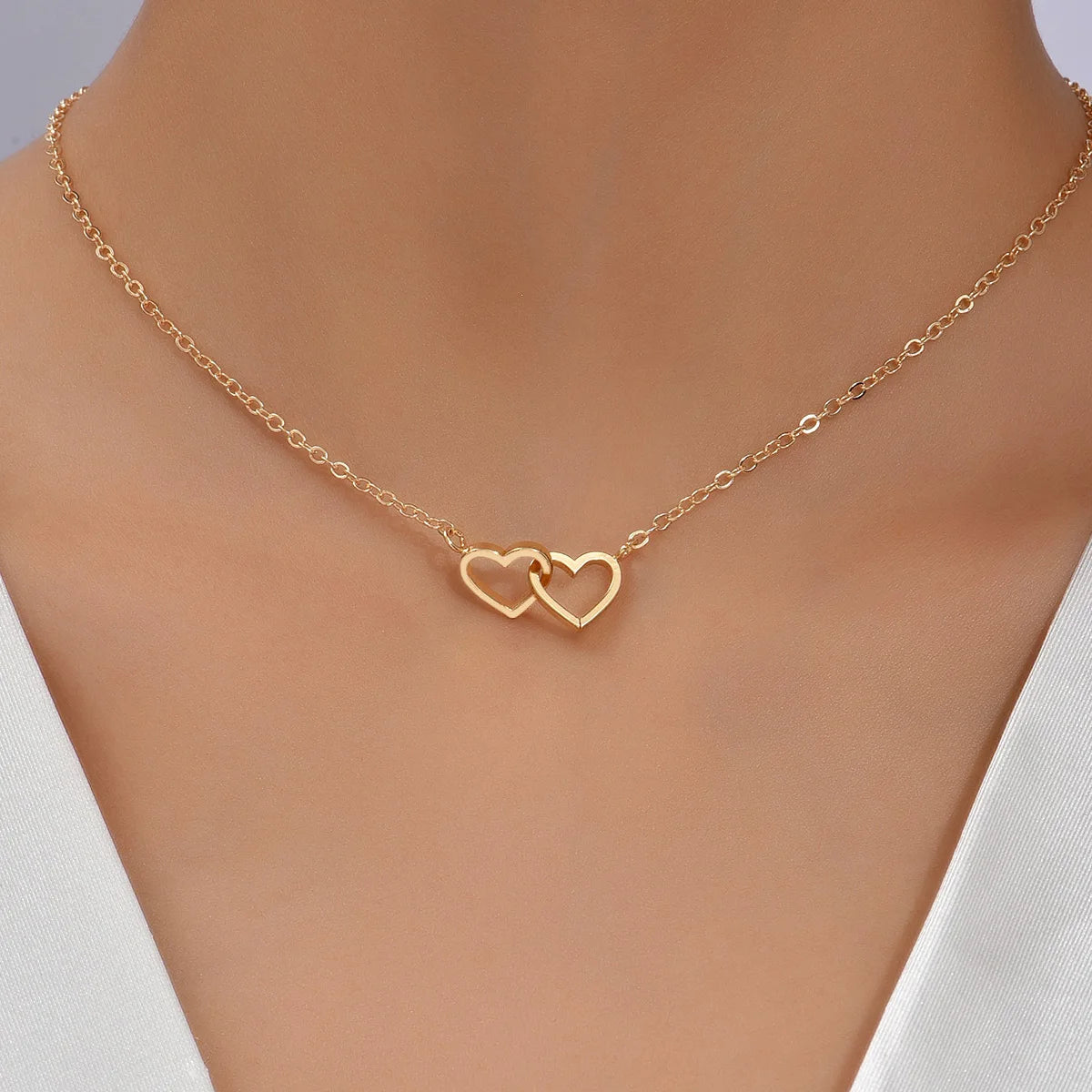 Tiny Cute Double Hollow Heart Chain Necklace